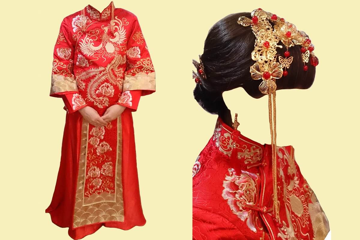 広州の婚紗街にある中国の伝統的な花嫁衣裳の婚礼服とピアスと髪飾り